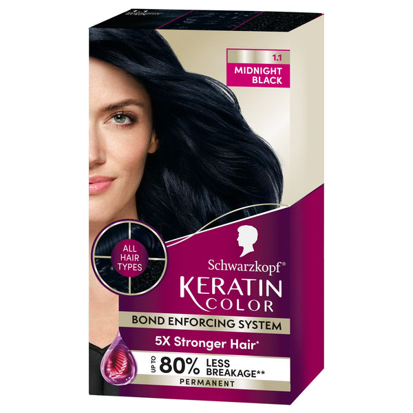 Schwarzkopf Keratin Hair Dye 1.1 Midnight Black, Permanent Hair Color, 1 Use