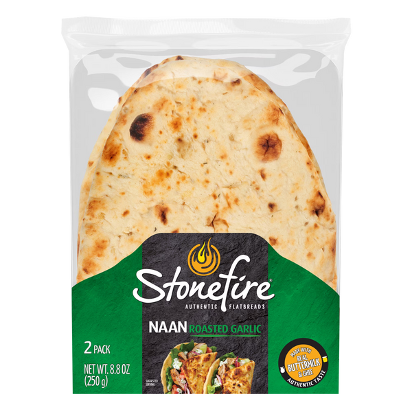 Stonefire® Roasted Garlic Naan Bread, Soft Authentic Flatbread for Dipping & Pizza, 8.8 oz, 2 Count