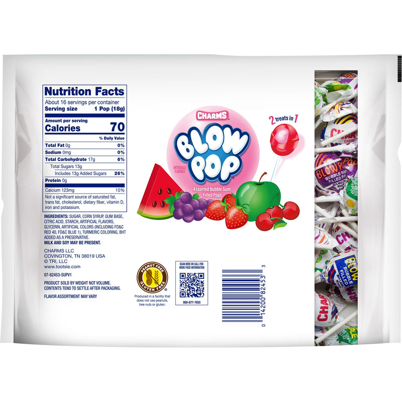 Charms Blow Pops, Assorted Flavored Gluten Free Lollipops, 10.4 oz