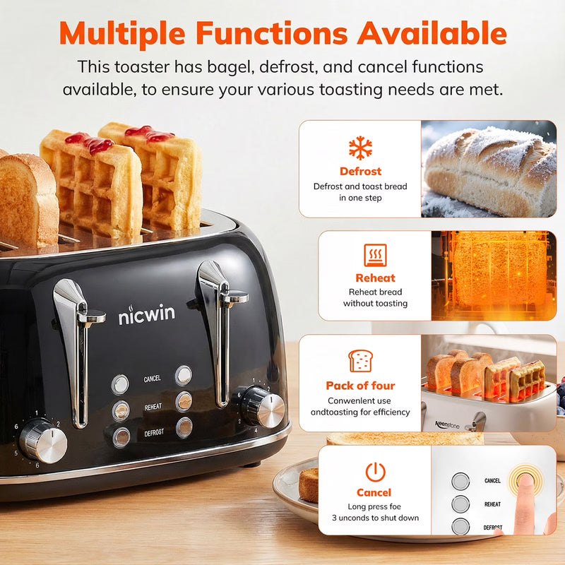 NICWIN 4 Slice Toaster, Extra Wide Slots Bread Toaster, Toast Shade Selector, Defrost & Reheat Functions for Kitchen Apartment Essentials, Black