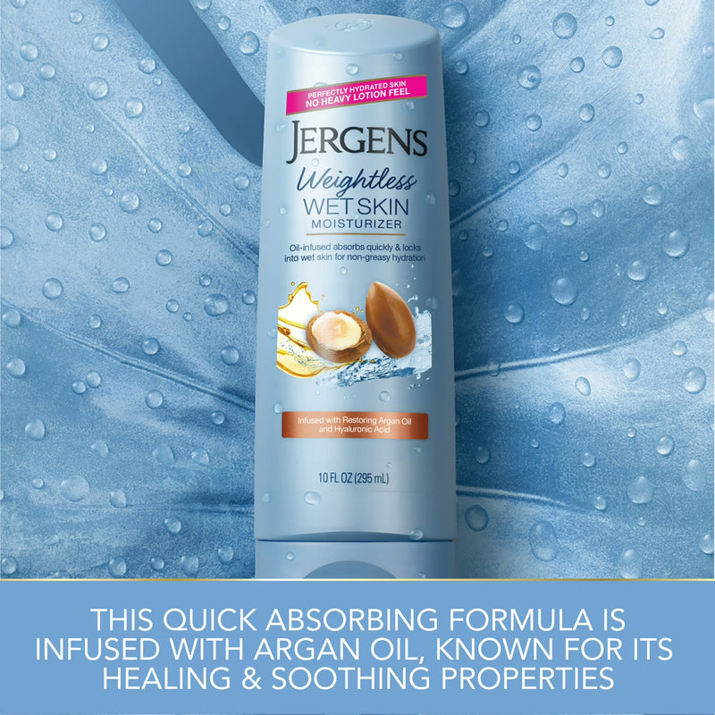 Jergens Argan Oil Weightless Wet Skin Body Lotion, Non-Greasy Moisturizer, for Dry Skin, 10 oz