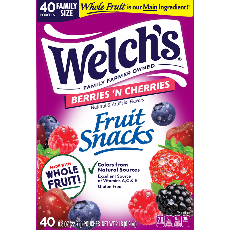 Welch's Fruit Snacks Gluten-Free Berries 'N Cherries Kids Snacks, Soft Snacks, 0.8 oz, 40 Count