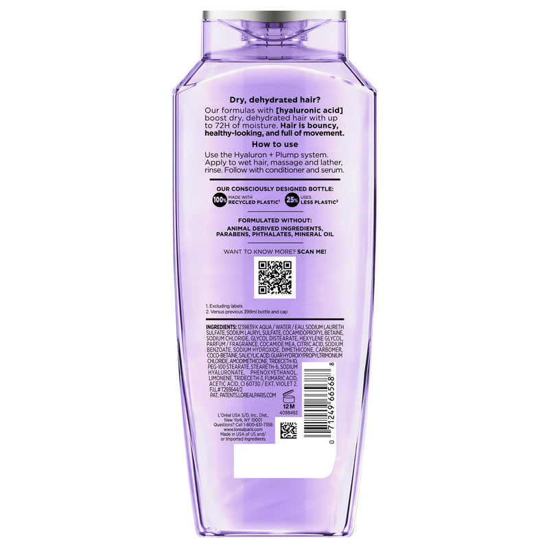 L'Oreal Paris Elvive Hyaluron Plump Hydrating Shampoo, 72H Intense Moisture, Squeeze, 13.5 fl oz