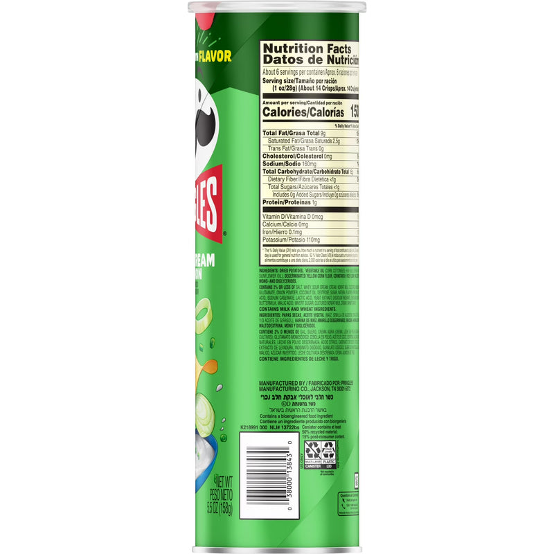 Pringles Sour Cream and Onion Potato Crisps Chips, Lunch Snacks, 5.5 oz Canister