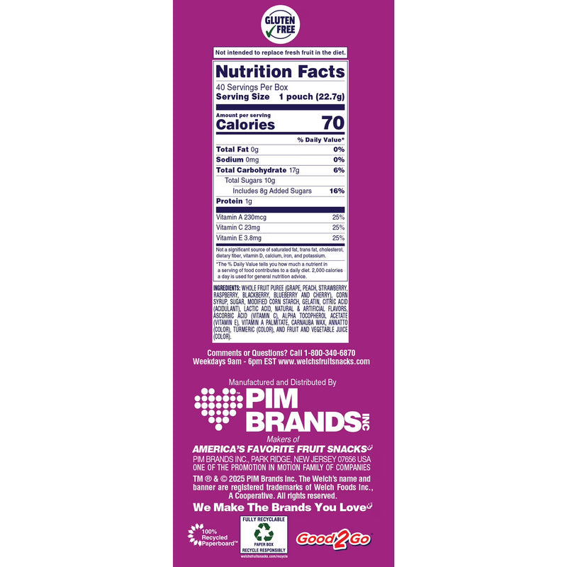 Welch's Fruit Snacks Gluten-Free Berries 'N Cherries Kids Snacks, Soft Snacks, 0.8 oz, 40 Count
