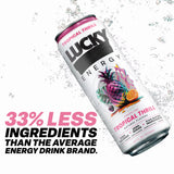 Lucky Energy Sugar Free Energy Drinks 16 fl oz Can, Tropical Thrill with Maca, Ginseng, Taurine, Beta-Alanine, 200mg Caffeine, Zero Calories