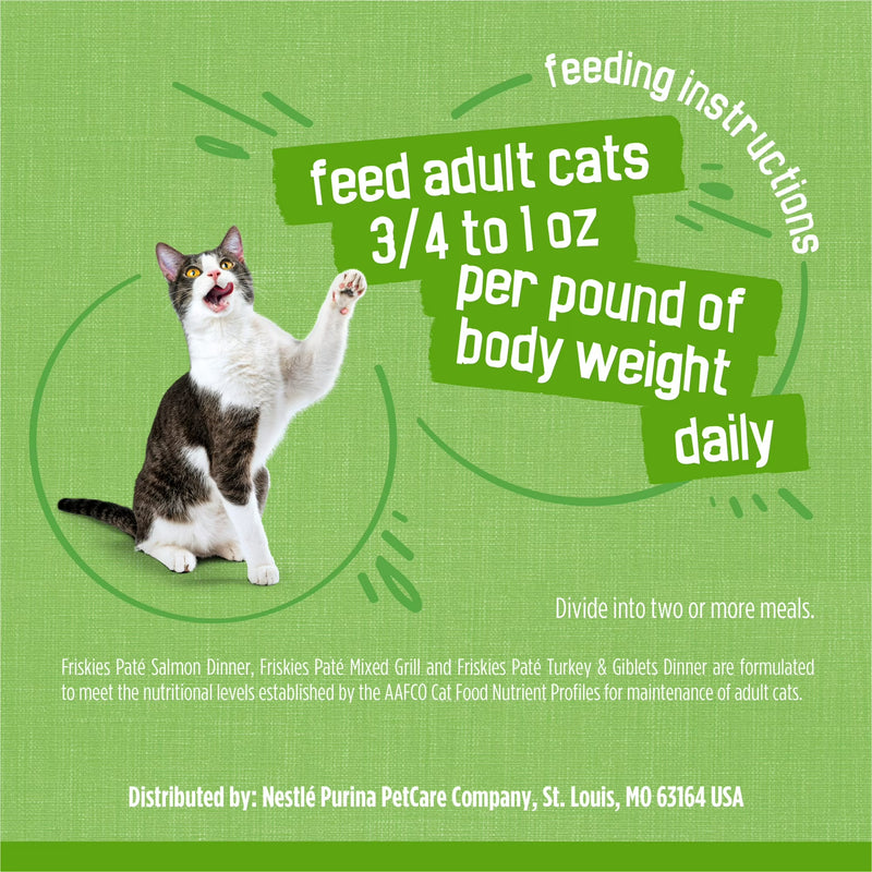 Purina Friskies Wet Cat Food Pate Variety Pack Salmon Dinner, Turkey and Giblets Dinner and Mixed Grill, 5.5 oz.