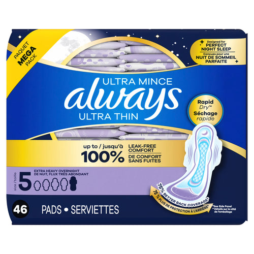 Always Ultra Thin Overnight Pads with Wings, Size 5, Extra Heavy Overnight, 46 Count