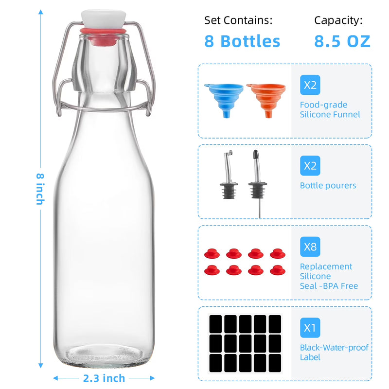 GPED 8.5 oz Swing Top Glass Bottles, 8 Pack Flip Top Beer Brewing Bottles with Airtight Rubber Seal Flip Caps for Fermentation, Kombucha, Vanilla Extract, Juice, Tea, Wine, Soda - Bonus 2 Pourers