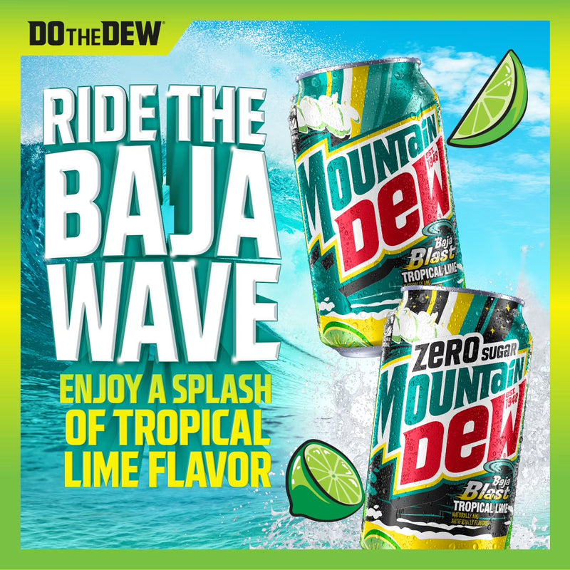 Mountain Dew Zero Sugar Baja Blast Tropical Lime Soda Pop, 12 fl oz, 12 Pack Cans