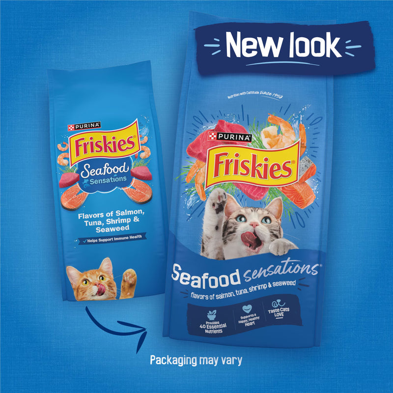 Purina Friskies Dry Cat Food Seafood Sensations with Salmon, Tuna, and Shrimp Flavors, 3.15 lb Bag