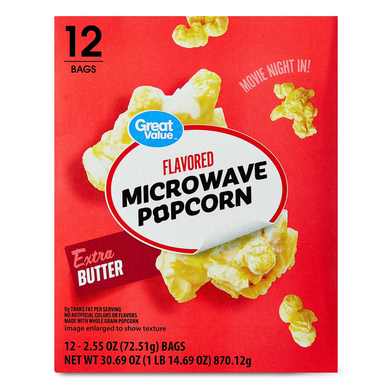 Great Value Extra Butter Flavored Microwave Popcorn, 2.55 oz, 12 Count