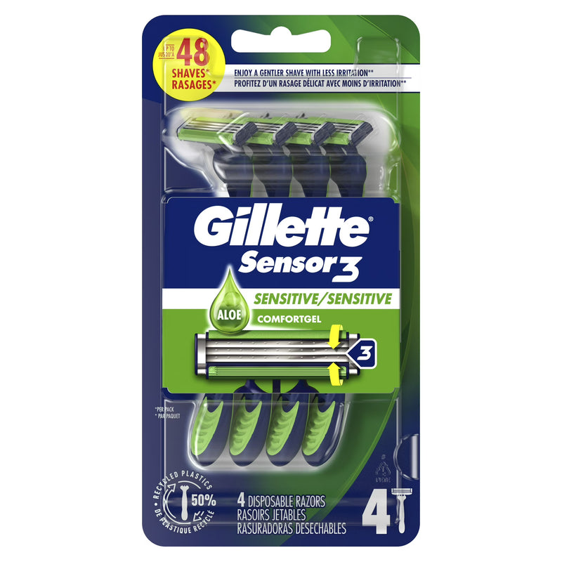 Gillette Sensor 3 Sensitive Men 3 Blade Disposable Razor,4 count