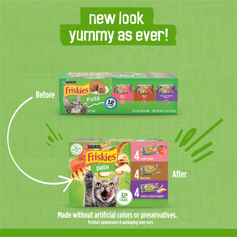 Purina Friskies Wet Cat Food Pate Variety Pack Salmon Dinner, Turkey and Giblets Dinner and Mixed Grill, 5.5 oz.