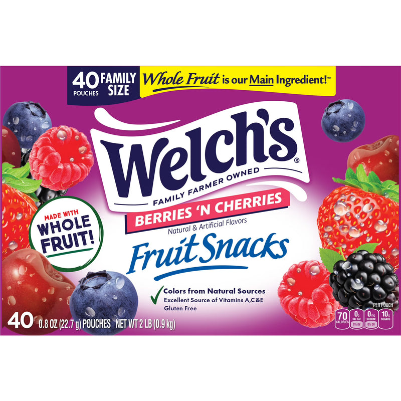 Welch's Fruit Snacks Gluten-Free Berries 'N Cherries Kids Snacks, Soft Snacks, 0.8 oz, 40 Count