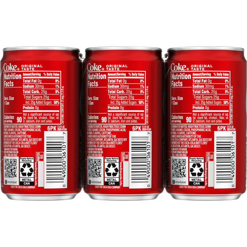 Coca-Cola Soda Pop Mini Cans, 7.5 fl oz, 6 Pack