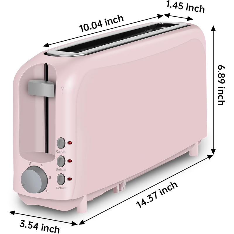 2-Slice Slim Toaster, 6 Shade Settings with Cancel, Reheat & Defrost, 10" Long Slot, Auto Shut off, Removable Crumb Tray, Pink