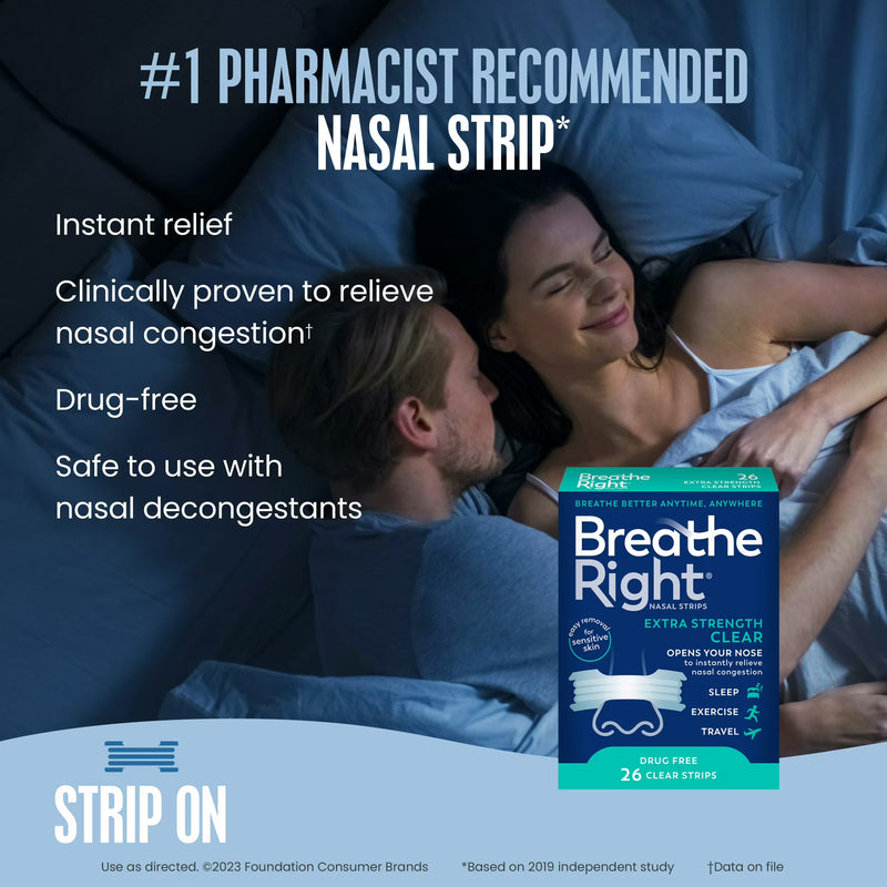 Breathe Right Nasal Strips, Clear Nasal Strips, Extra Strength, For Sensitive Skin, 26 Count