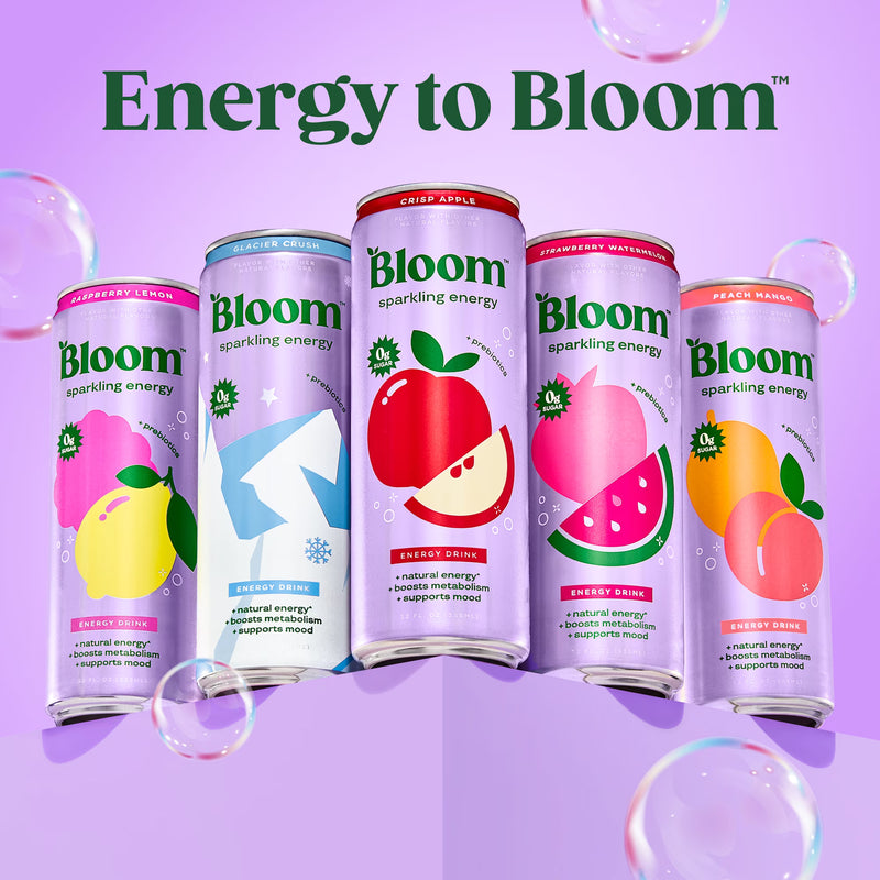 Bloom Nutrition Sparkling Energy Drink, Raspberry Lemon, 12 fl oz Cans, 6 Pack
