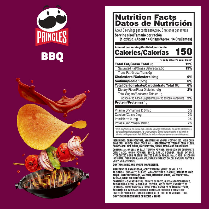 Pringles BBQ Potato Crisps Chips, Lunch Snacks, 5.5 oz Canister