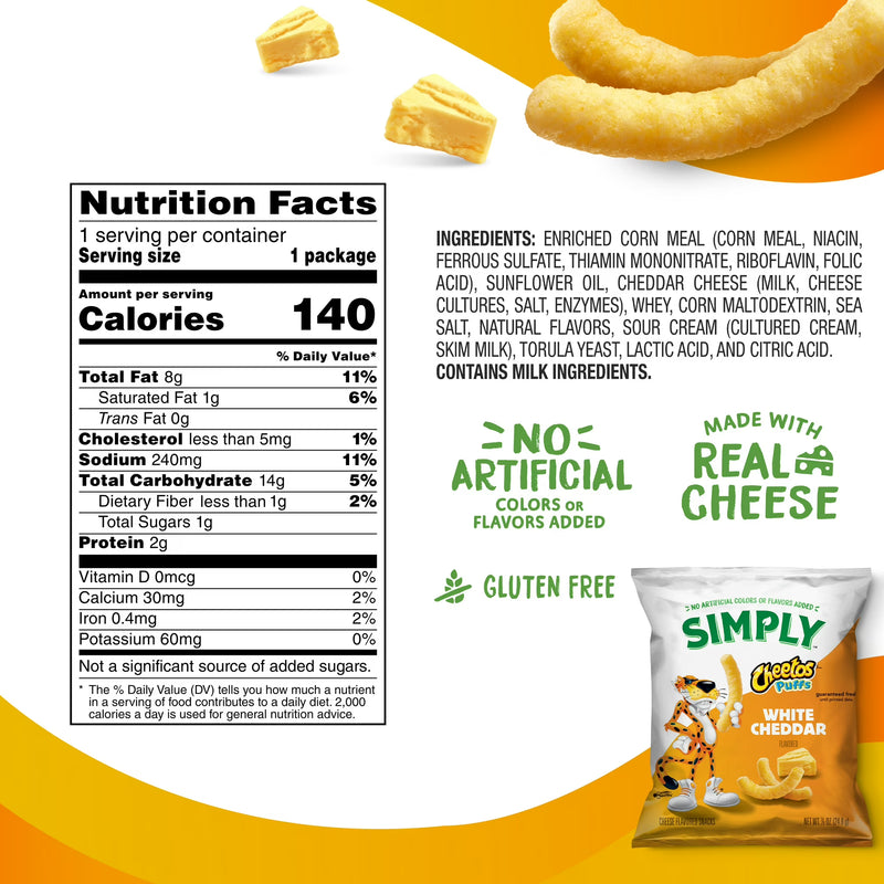 Cheetos Simply Puffs Cheese White Cheddar Flavored Snacks, 8 Count
