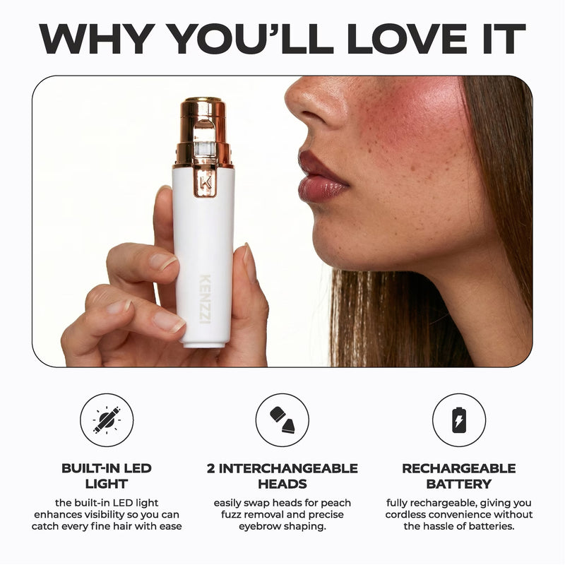 KENZZI 2-in-1 Rechargeable Women’s Face Electric Shaver and Facial Hair Remover with Eyebrow Trimmer, White and Rose Gold