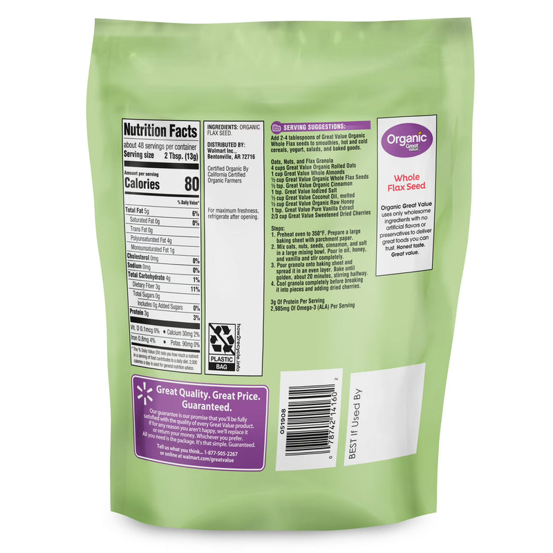 Great Value Organic Whole Flax Seed, 22 oz