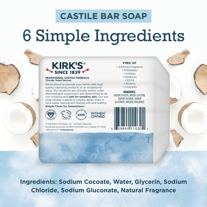 Kirk's Castile Bar Soap - Made With Premium Coconut Oil, Original Fresh Scent, 4 oz. Bars, 4 Pack