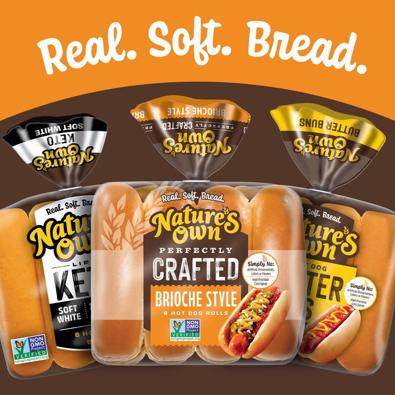 Nature's Own Perfectly Crafted Brioche Style Hot Dog Rolls, Non-GMO Hot Dog Buns, 8 Count