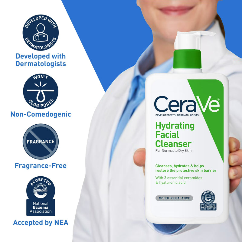 CeraVe Hydrating Facial Cleanser for Normal to Dry Skin, Daily Face Wash for Dryness, 16 fl oz