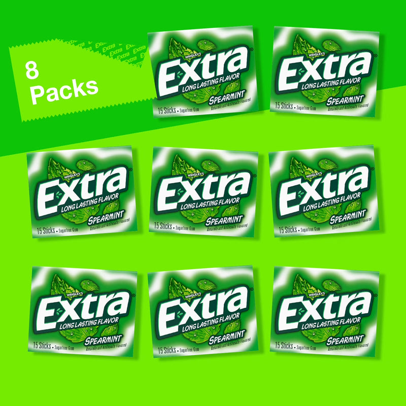 EXTRA Spearmint Sugar Free Chewing Gum, 15 Sticks per Pack, 8 Pack Bulk