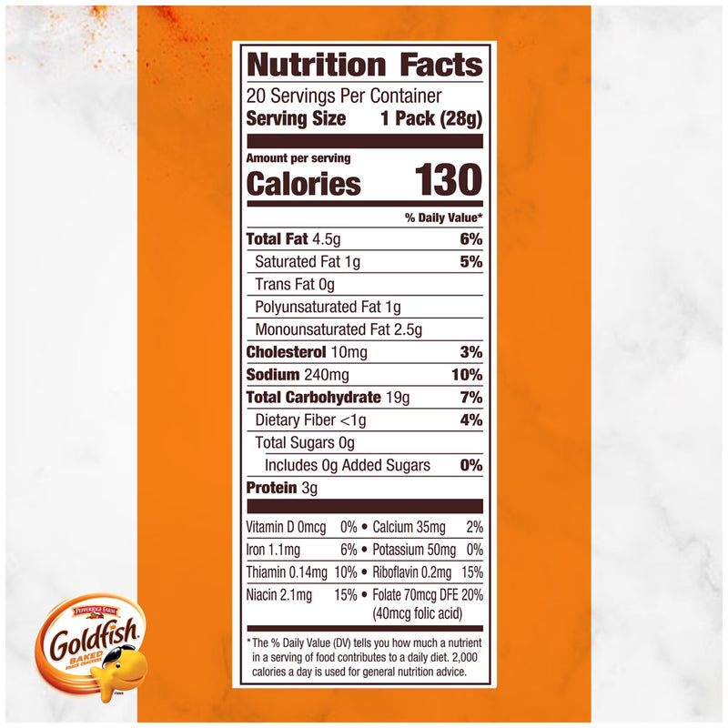 Goldfish Cheddar Cheese Crackers, Baked Snack Crackers, 1 oz on-The-Go Snack Packs, 20 Count Box