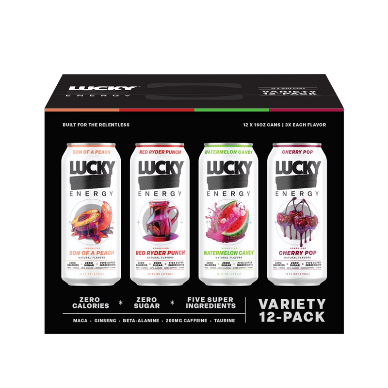 Lucky Energy Sugar Free Energy Drinks 16 oz Cans (12-pack), Variety Pack with Maca, Ginseng, Taurine, Beta-Alanine, 200mg Caffeine, Zero Calories