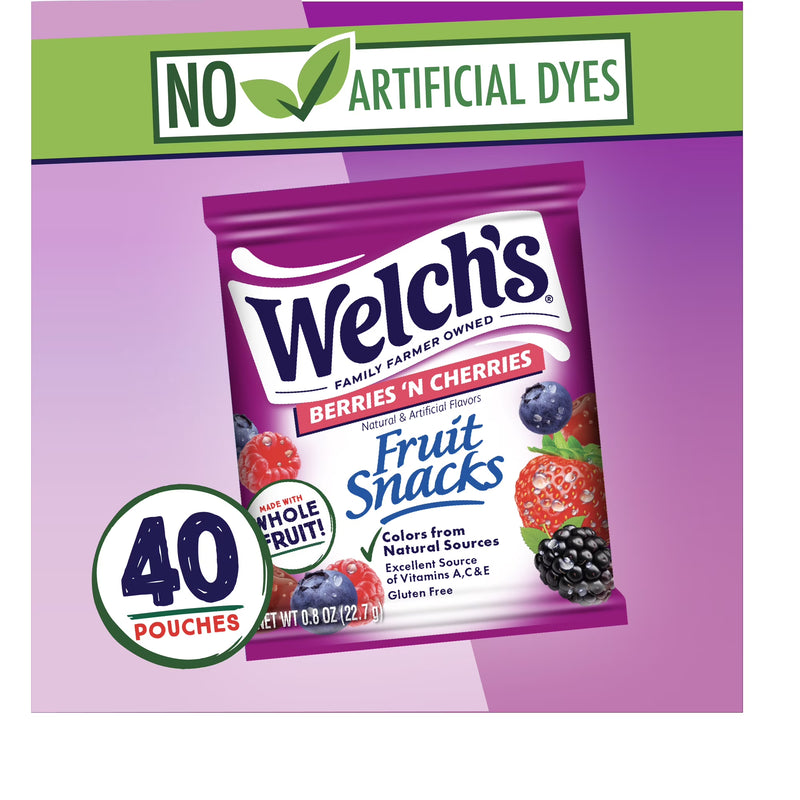 Welch's Fruit Snacks Gluten-Free Berries 'N Cherries Kids Snacks, Soft Snacks, 0.8 oz, 40 Count
