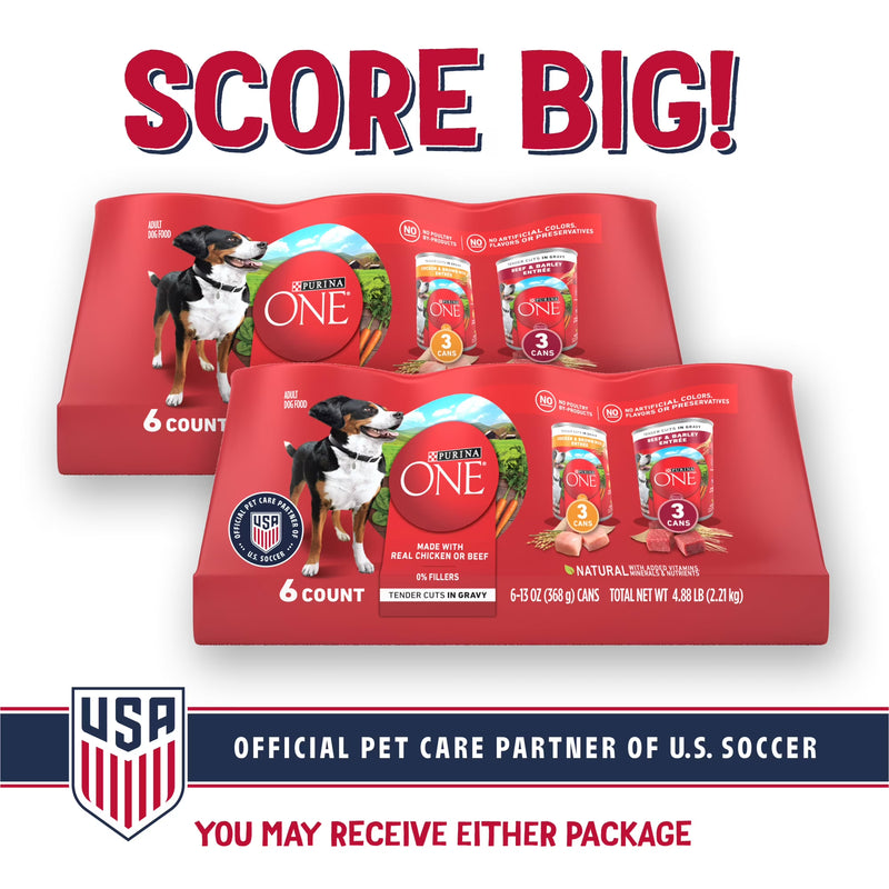 Purina ONE Tender Cuts in Gravy Chicken and Brown Rice, and Beef and Barley Entrees Wet Dog Food Variety Pack, 13 oz Cans