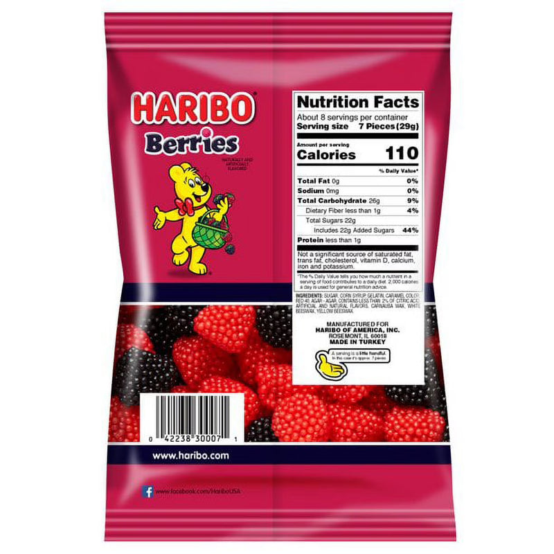 HARIBO Berries Original Red and Black Raspberry Gummies Fruit Flavor Crunchy and Chewy Gummy Candy, 8oz, Share Size Bag