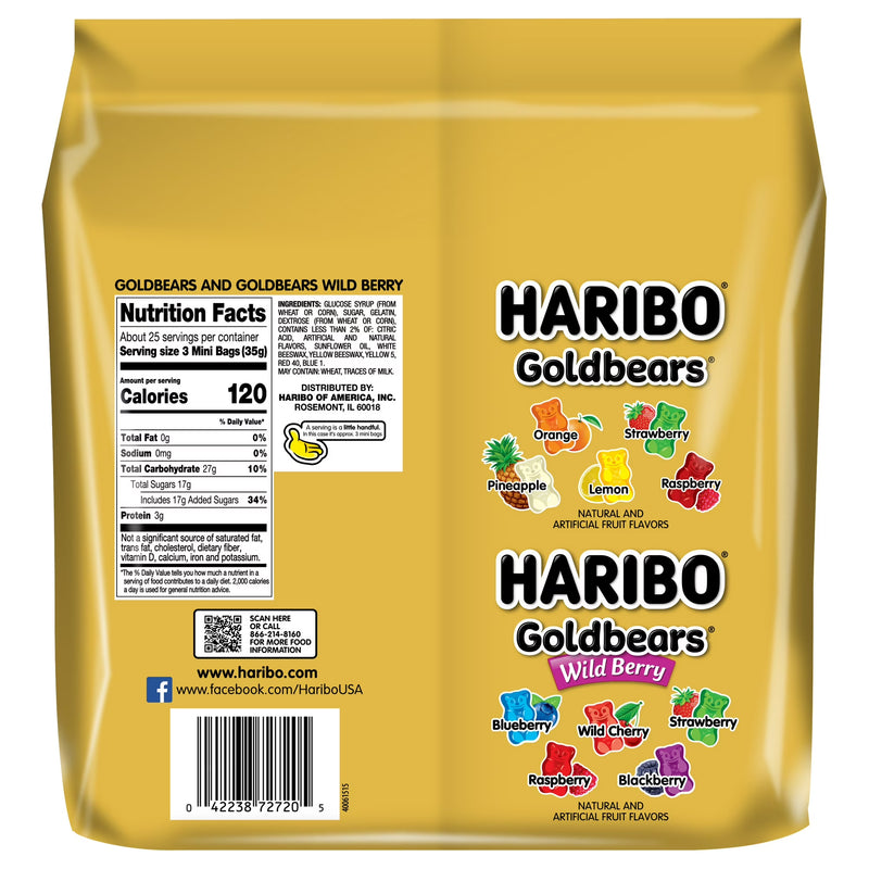 HARIBO Goldbears & Wild Berry Goldbears Gummy Candy, 30oz, 75ct Minis Bag