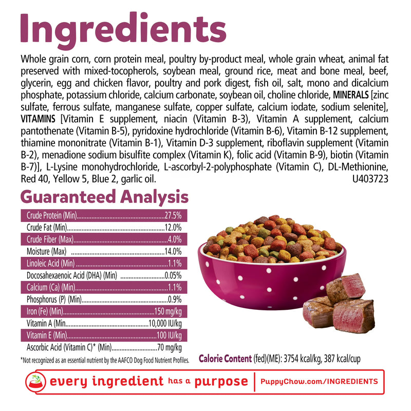Purina Puppy Chow Dry Dog Food, Tender & Crunchy High Protein Real Beef & Rice, 30 lb Bag