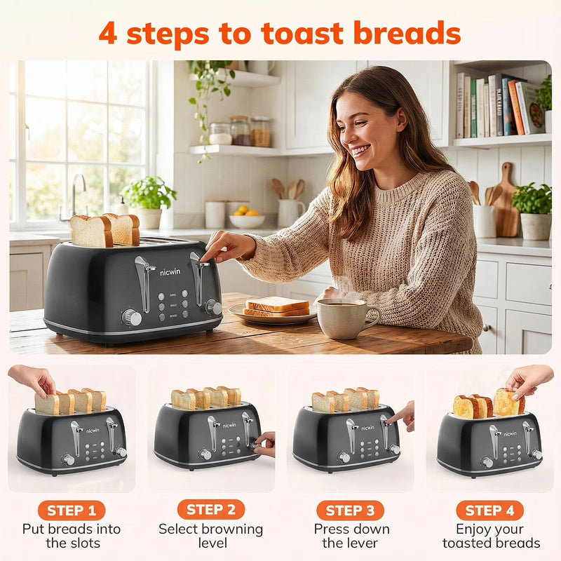 NICWIN 4 Slice Toaster, Extra Wide Slots Bread Toaster, Toast Shade Selector, Defrost & Reheat Functions for Kitchen Apartment Essentials, Black