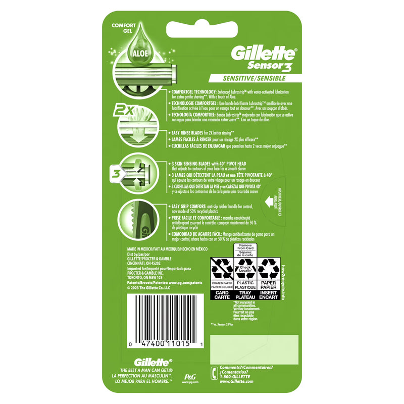 Gillette Sensor 3 Sensitive Men 3 Blade Disposable Razor,4 count