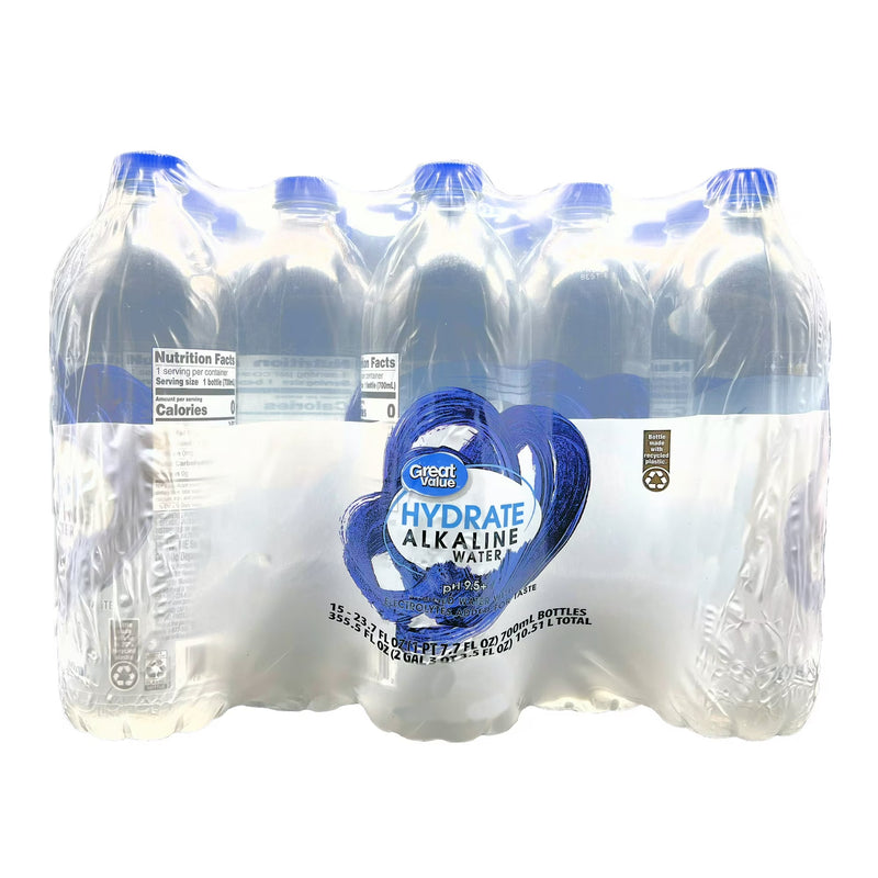 Great Value Hydrate Alkaline Water Bottle, 23.7 fl oz, 15 Count