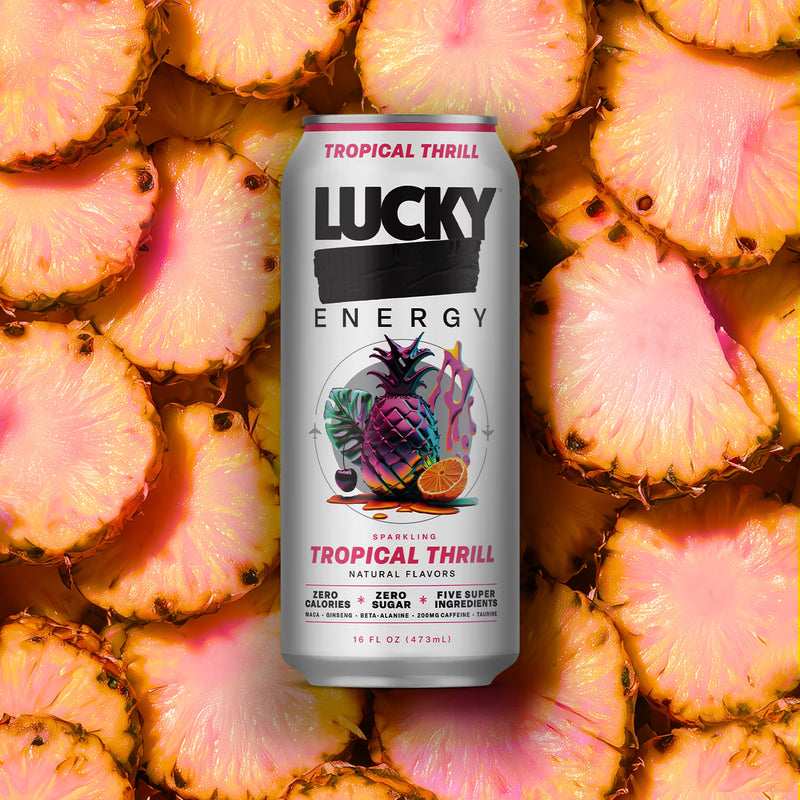 Lucky Energy Sugar Free Energy Drinks 16 fl oz Can, Tropical Thrill with Maca, Ginseng, Taurine, Beta-Alanine, 200mg Caffeine, Zero Calories