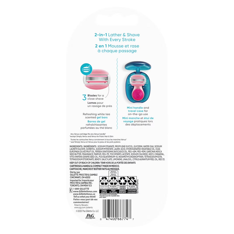 Gillette Venus Mini on The Go Women's Razor Handle with 1 ComfortGlide White Tea Scent Blade Refill + 1 Travel Case