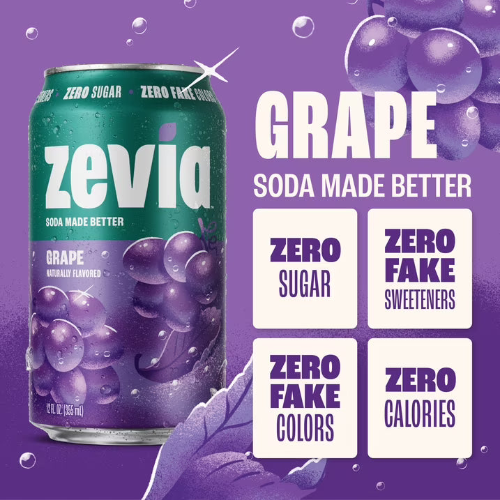 Zevia Zero Sugar, 0 Calorie Grape Soda, 12 fl oz (Pack of 24