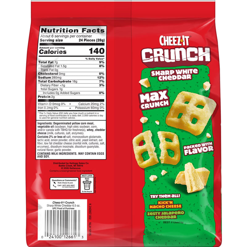 Cheez-It Crunch Sharp White Cheddar Cheesy Baked Snacks, Lunch Snacks, 6.5 oz