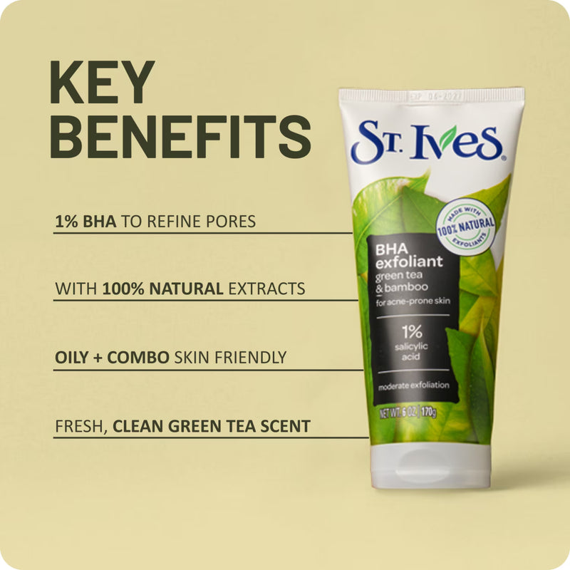 St. Ives BHA Green Tea & Bamboo Face Scrub, Moderate Exfoliating Face Wash with 1% Salicylic Acid, 6oz