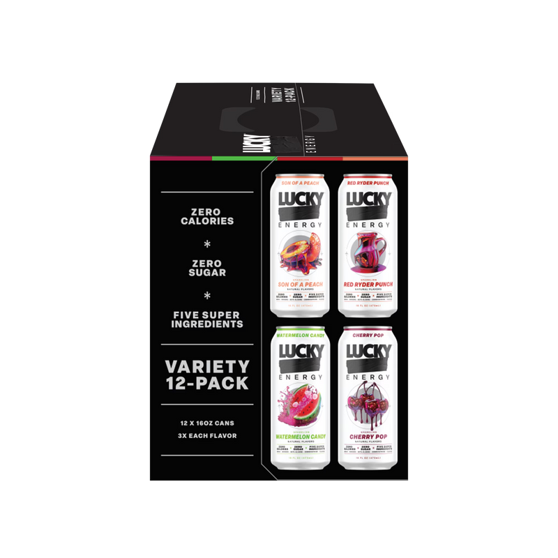 Lucky Energy Sugar Free Energy Drinks 16 oz Cans (12-pack), Variety Pack with Maca, Ginseng, Taurine, Beta-Alanine, 200mg Caffeine, Zero Calories