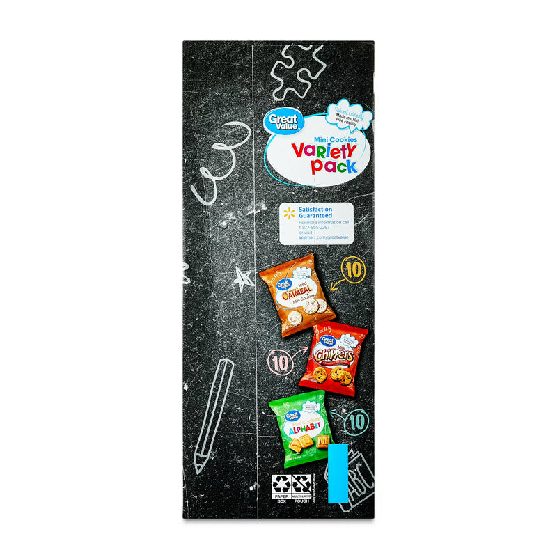 Great Value Mini Alphabet, Chippers & Oatmeal Cookies Variety Pack, 1 oz, 30 Snack Packs