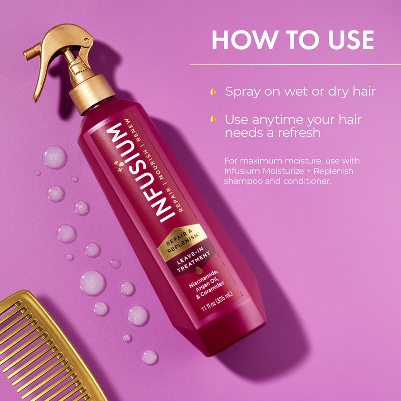 Infusium Repair & Replenish Leave-in Treatment Spray for All Hair Types, with Niacinamide, Argan Oil & Ceramides, 13 fl oz