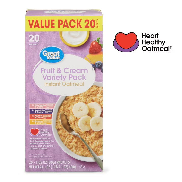 Great Value Fruit & Cream Instant Oatmeal Variety Pack, 1.05 oz, 20 Count